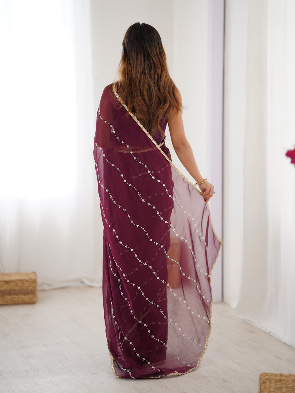 Wine Soft Sitara Embroidered Designer Saree with Moti Work