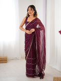 Wine colored soft Sitara designer saree with beads and sequins