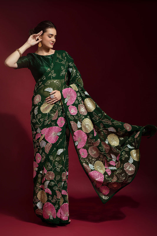 Green Georgette Saree with Sequence Embroidery Work