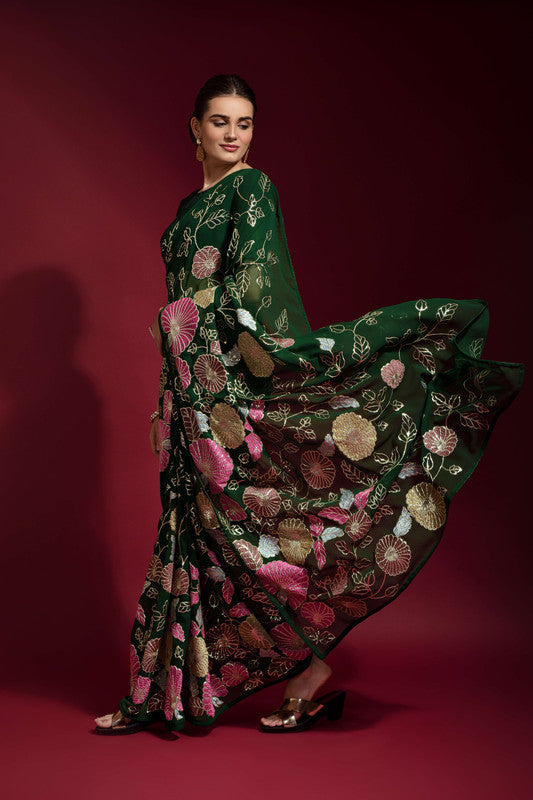 Green Georgette Saree with Sequence Embroidery Work