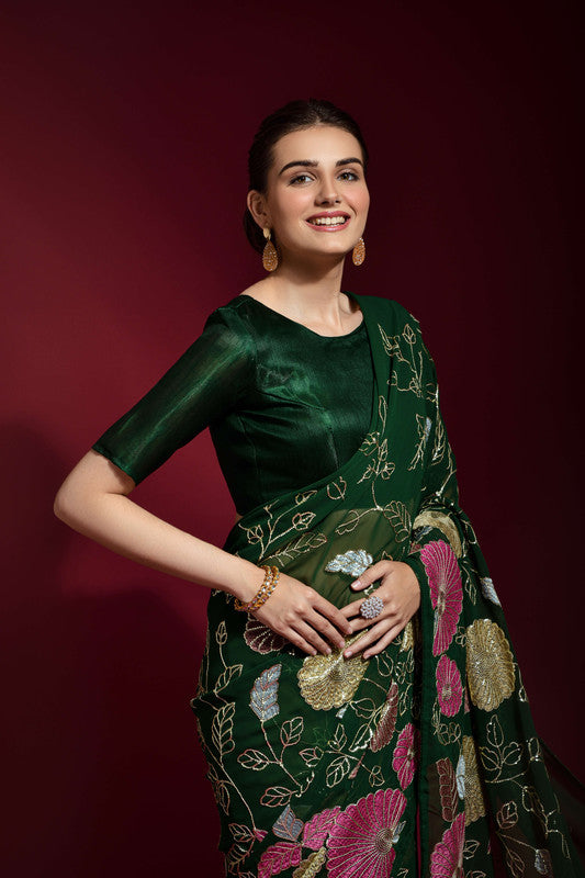 Green Georgette Saree with Sequence Embroidery Work