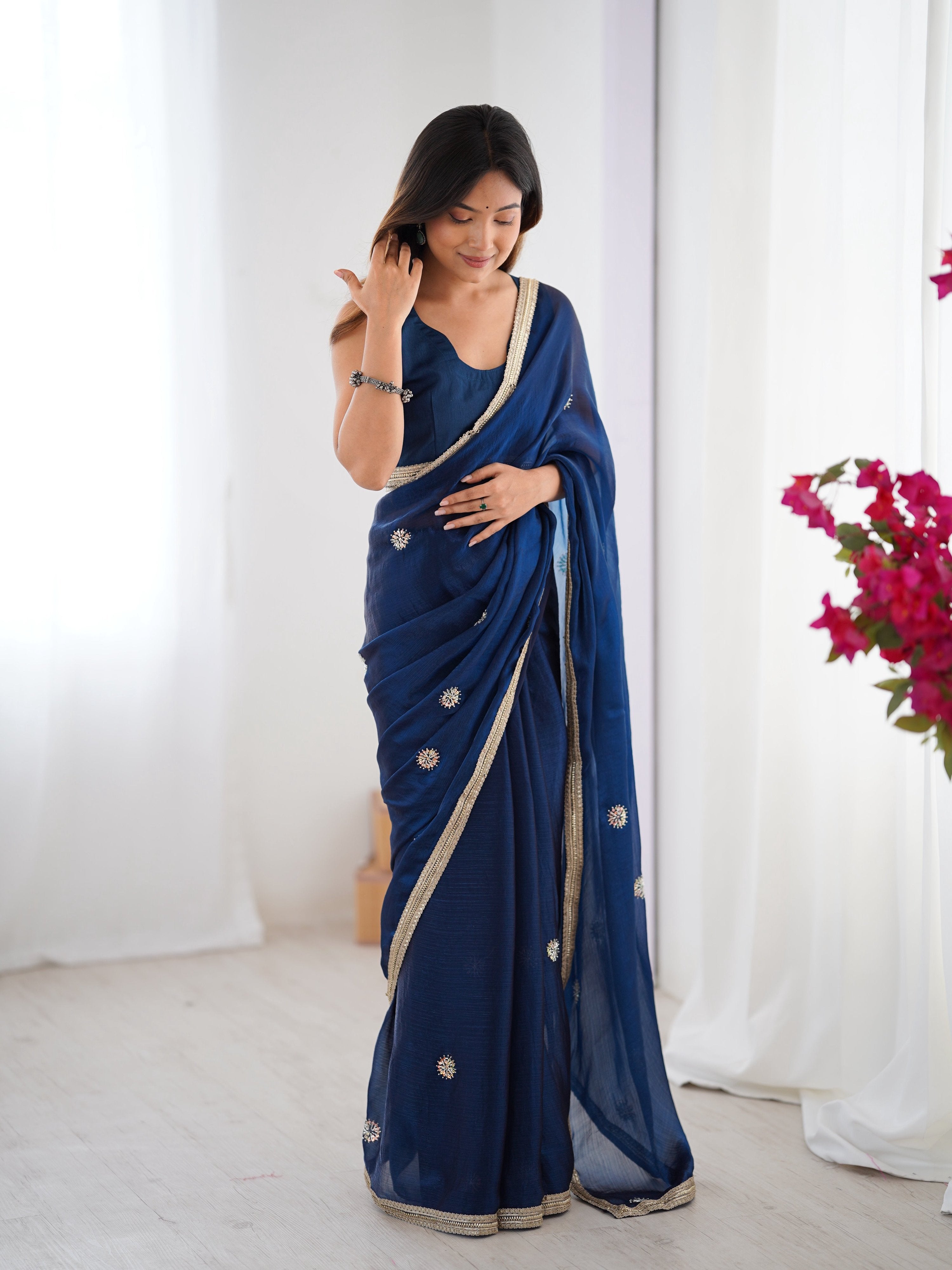Jyoti Fashion Women's Teal Fandy Silk Embroidered Designer Saree with Blouse