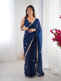 Jyoti Fashion Women's Teal Fandy Silk Embroidered Designer Saree with Blouse