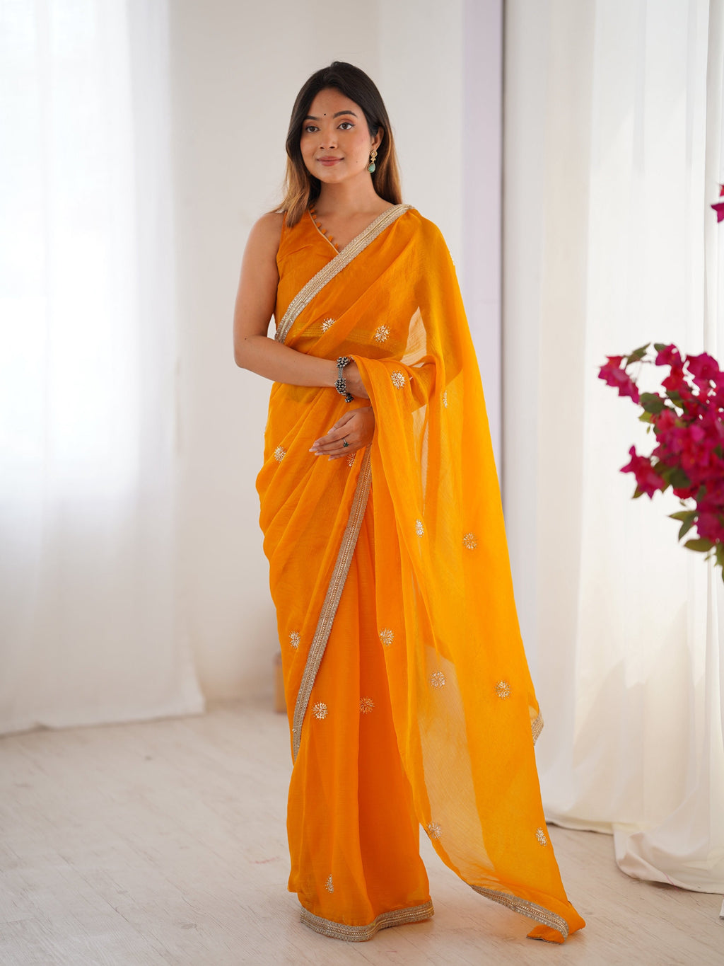 Yellow Fandy silk designer saree with beads, moti, and sequins embroidery
