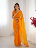Yellow Fandy silk designer saree with beads, moti, and sequins embroidery