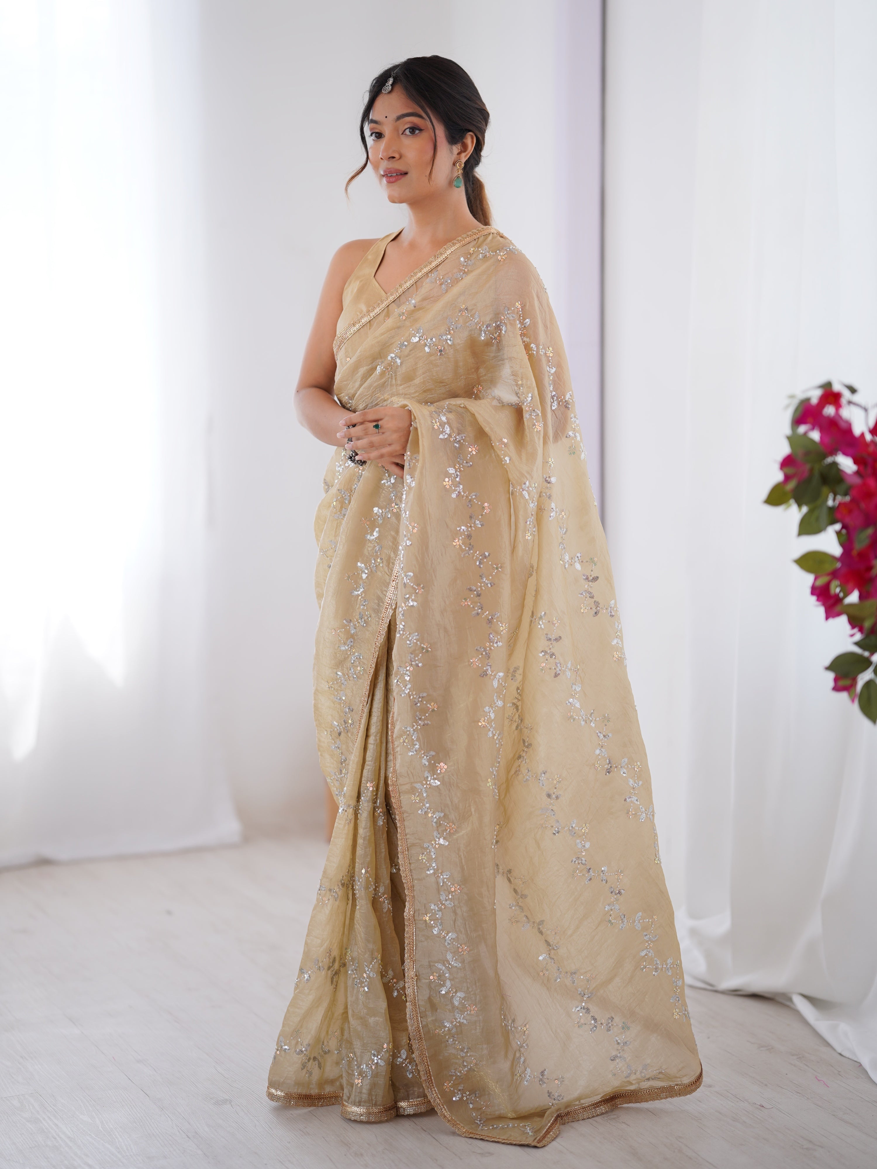 Beige Soft Gold Crush Embroidered Designer Saree