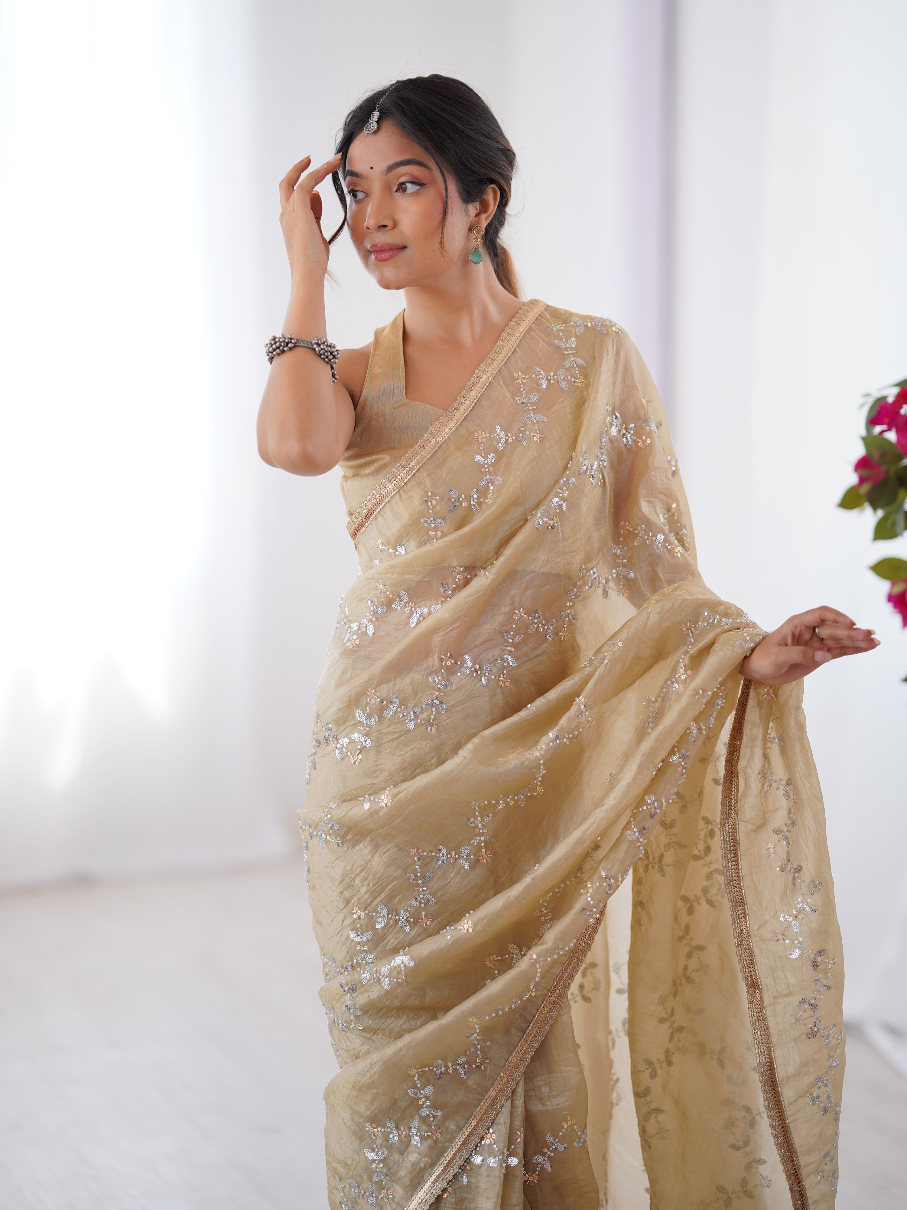Beige Soft Gold Crush Embroidered Designer Saree