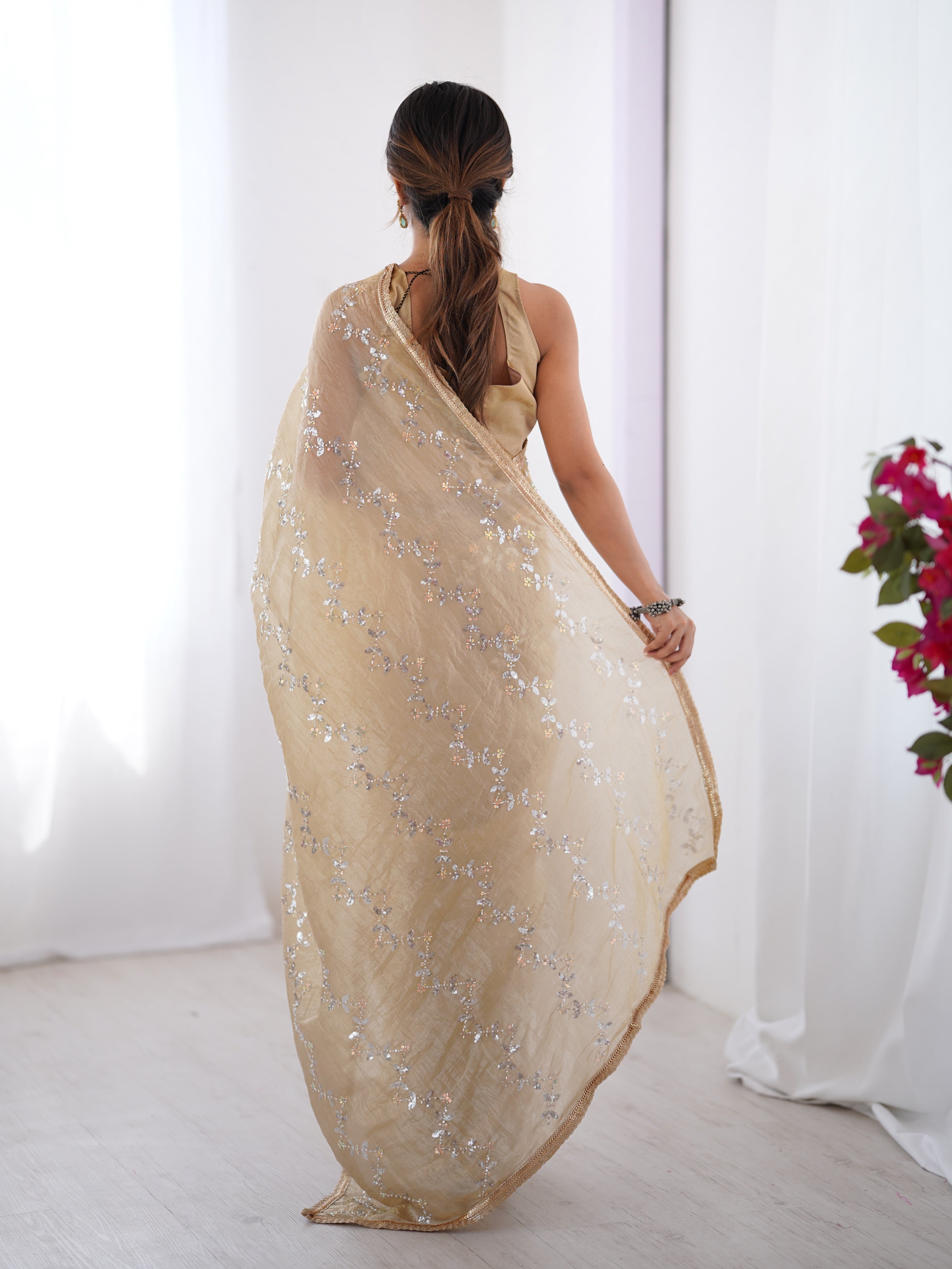 Beige Soft Gold Crush Embroidered Designer Saree