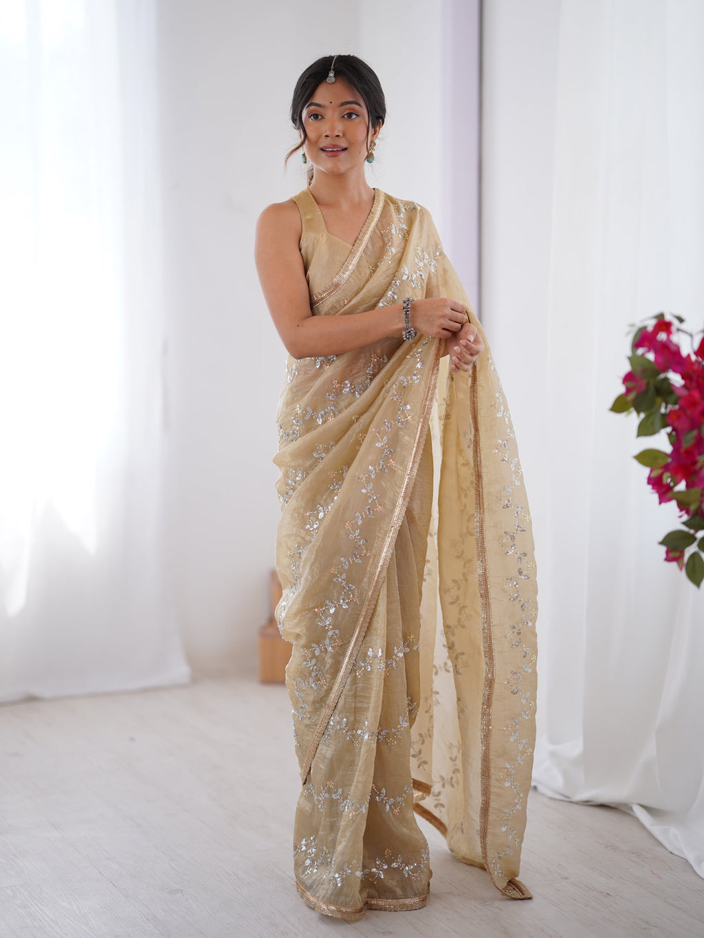 Beige soft gold crush saree with Moti and zigzag sequins embroidery