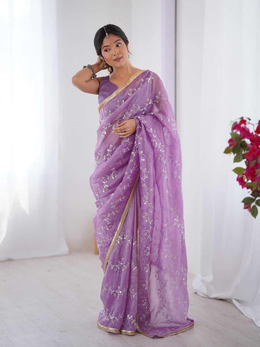 Purple Soft Gold Crush Designer Saree with ZigZag Sequins Blouse
