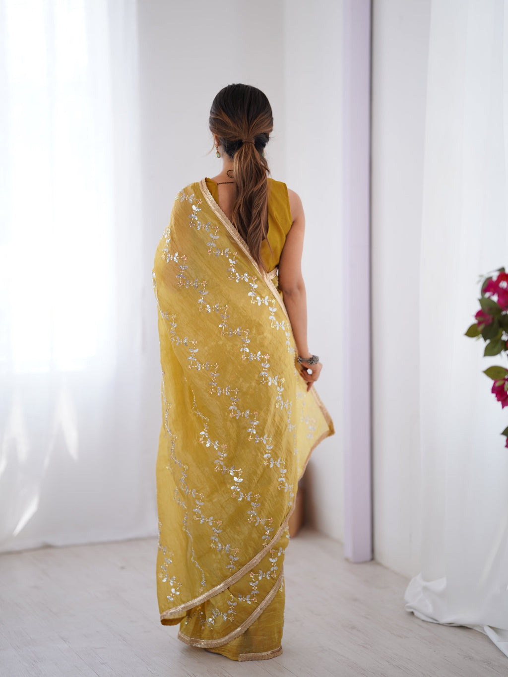 Jyoti Fashion Women's Mustard Soft Gold Crush Embroidered Designer Saree with Blouse