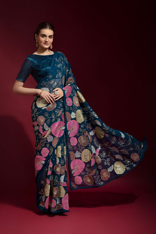 Jyoti Fashion Women's Morpich Sequence Embroidery Georgette Saree with Blouse