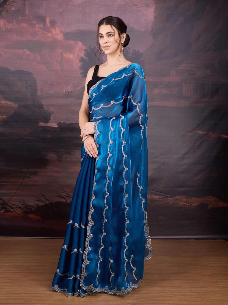 Blue Jimmy Choo Embroidered Designer Saree with Matching Blouse