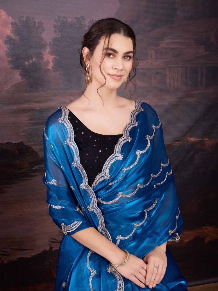 Blue Jimmy Choo Embroidered Designer Saree with Matching Blouse