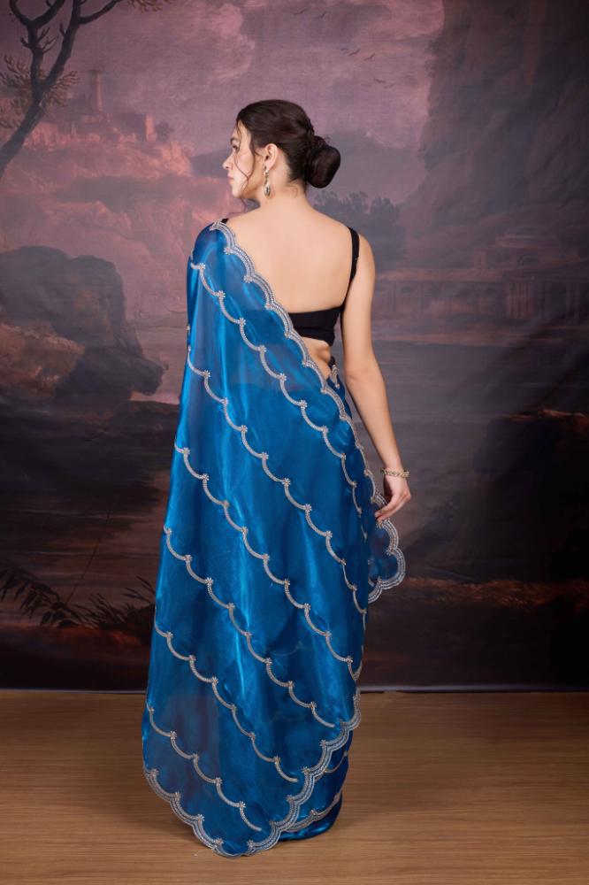 Blue Jimmy Choo Embroidered Designer Saree with Matching Blouse