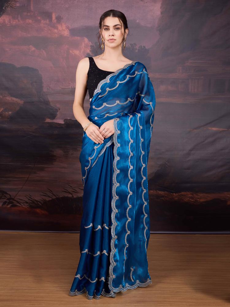 Elegant blue Jimmy Choo embroidered designer saree with matching blouse piece