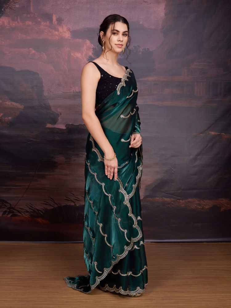 Bottle Green Jimmy Choo Designer Saree with Embroidery