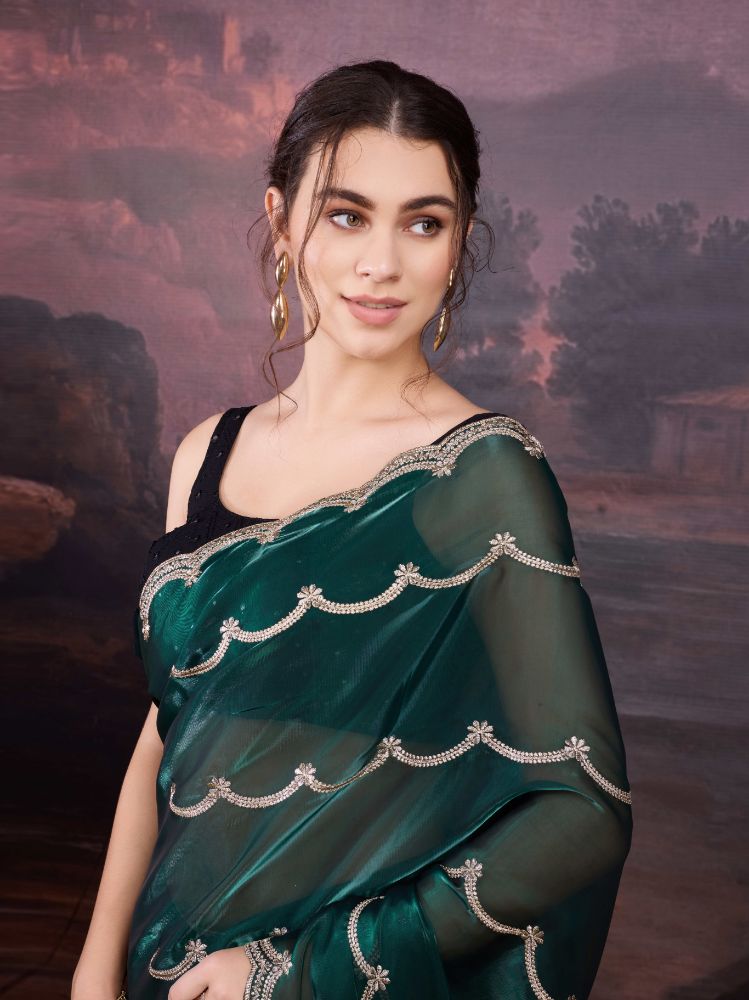 Bottle Green Jimmy Choo Designer Saree with Embroidery