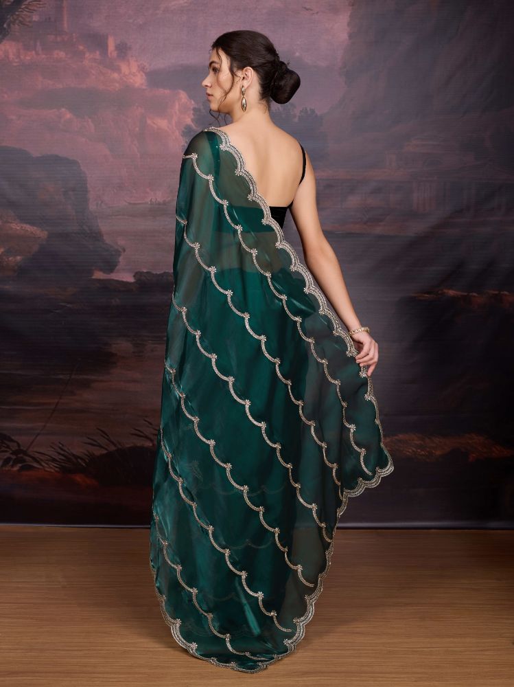 Bottle Green Jimmy Choo Designer Saree with Embroidery