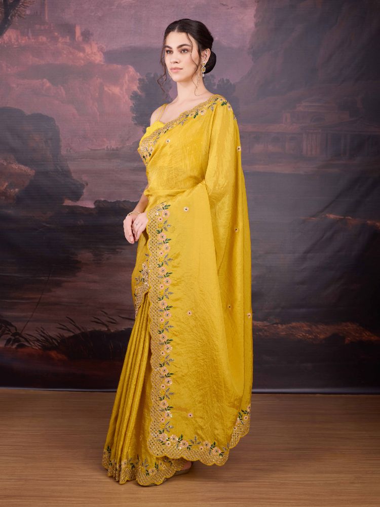Yellow Art Silk Sequins Embroidered Designer Saree with Blouse