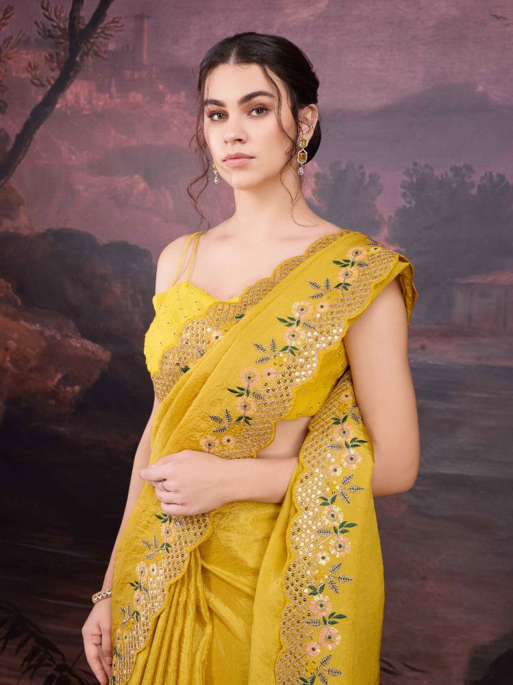 Yellow Art Silk Sequins Embroidered Designer Saree with Blouse