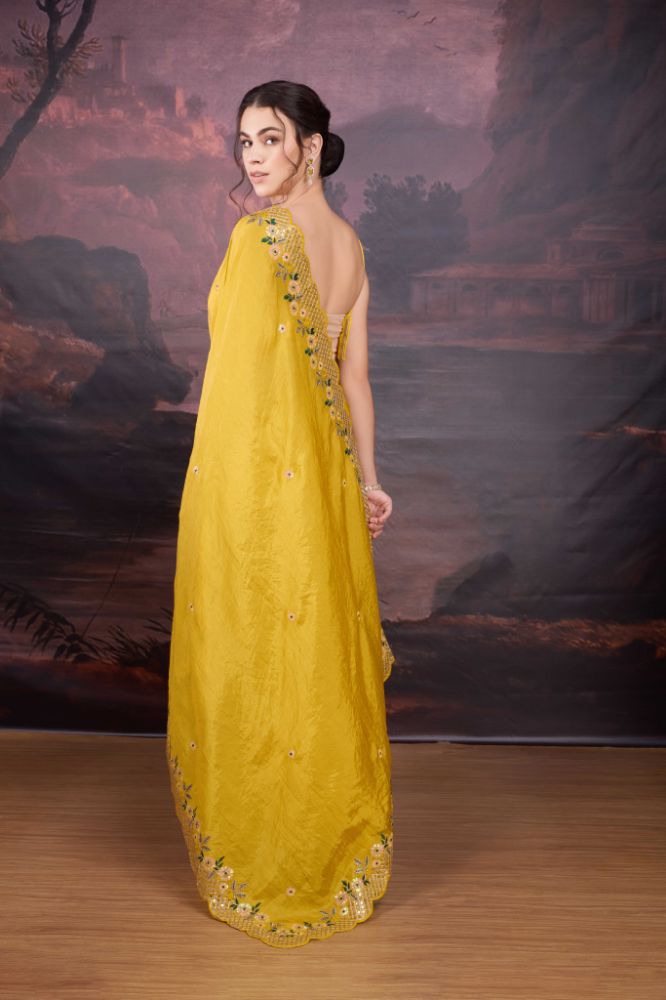 Yellow Art Silk Sequins Embroidered Designer Saree with Blouse
