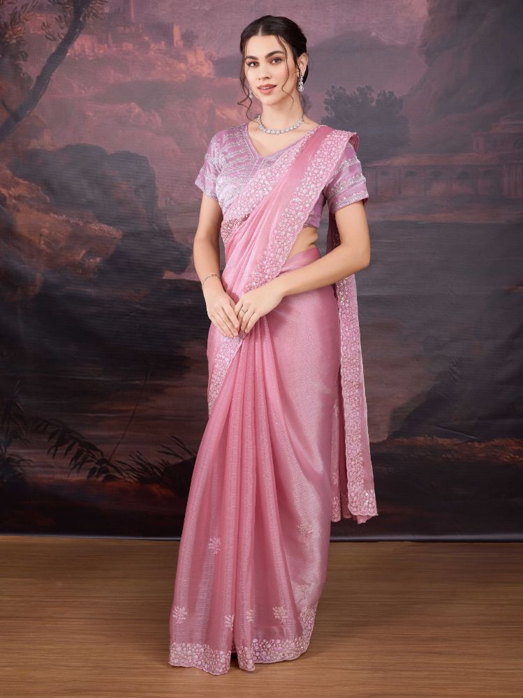 Baby Pink Jimmy Choo Sequins Embroidered Designer Saree with Blouse