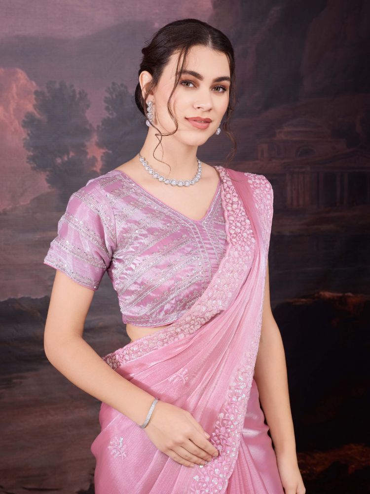 Baby Pink Jimmy Choo Sequins Embroidered Designer Saree with Blouse