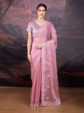Elegant baby pink Jimmy Choo saree with intricate sequins embroidery and matching unstitched blouse
