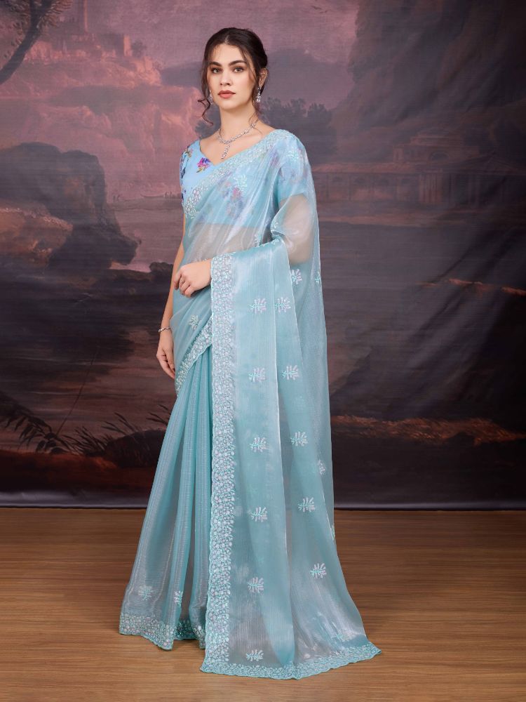 Sky Blue Jimmy Choo Sequins Embroidered Designer Saree