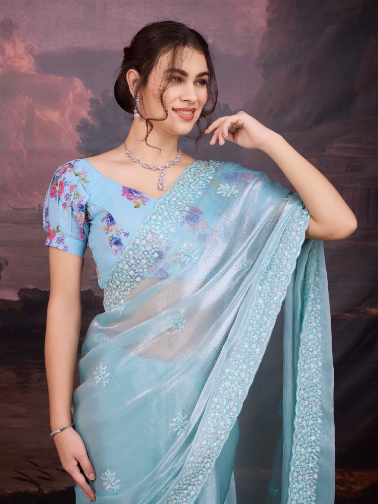 Sky Blue Jimmy Choo Sequins Embroidered Designer Saree