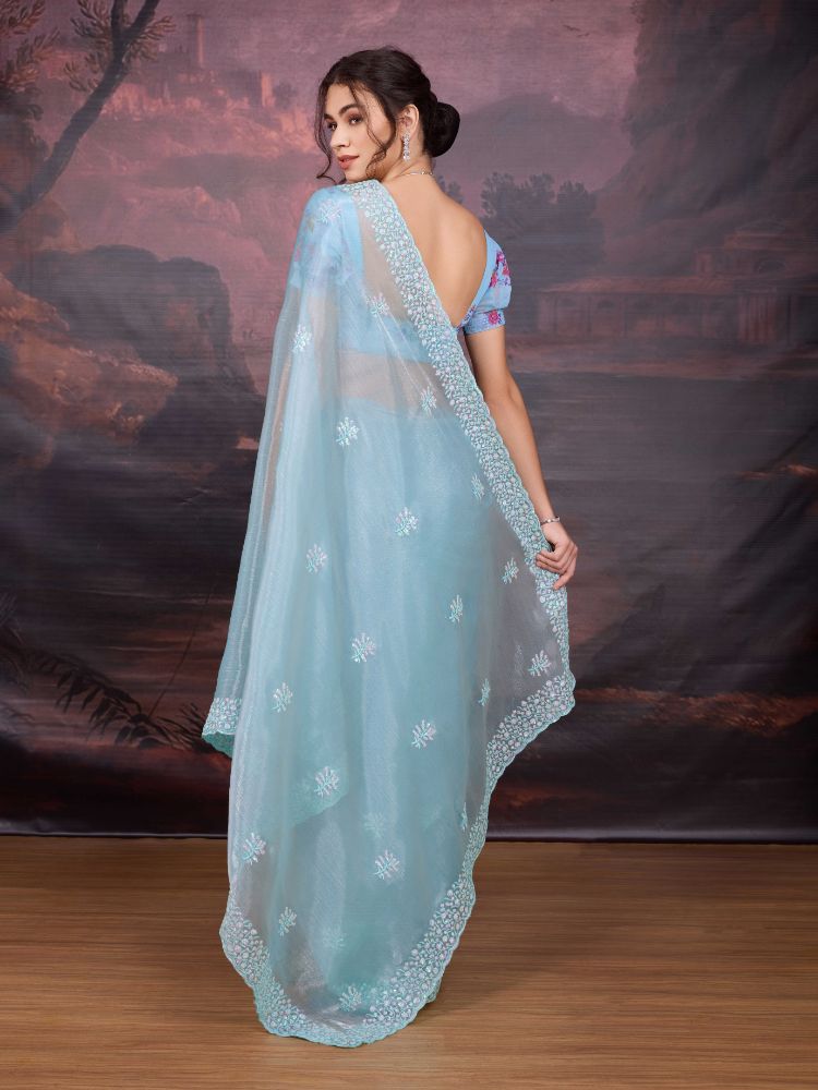 Sky Blue Jimmy Choo Sequins Embroidered Designer Saree