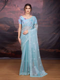 Sky Blue Jimmy Choo fabric saree with elegant sequin embroidery.