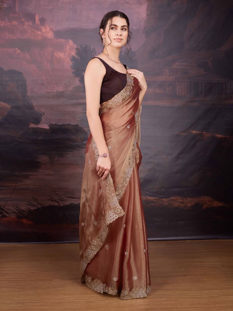 Jyoti Fashion Women's Brown Jimmy Choo Embroidered Siroski Designer Saree with Blouse