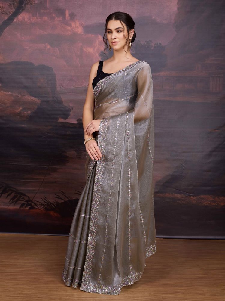 Grey Jimmy Choo Sequins Embroidered Designer Saree with Blouse