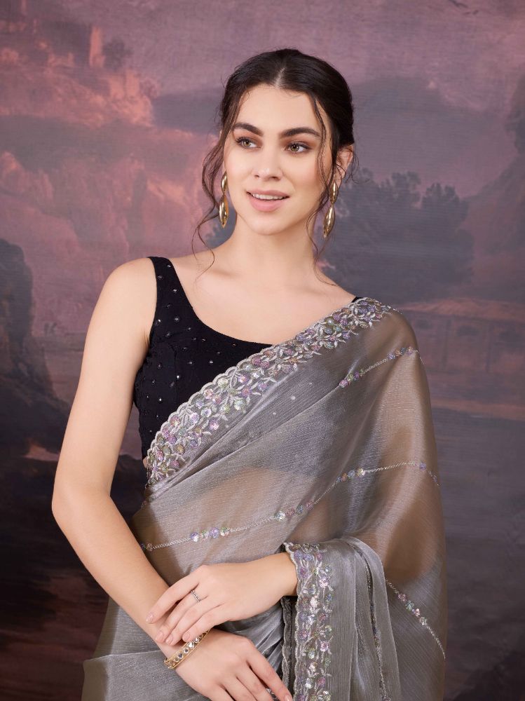 Grey Jimmy Choo Sequins Embroidered Designer Saree with Blouse