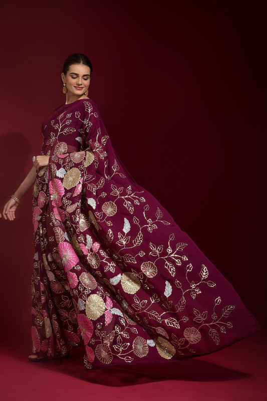 Wine Georgette Saree with Sequence Embroidery and Blouse