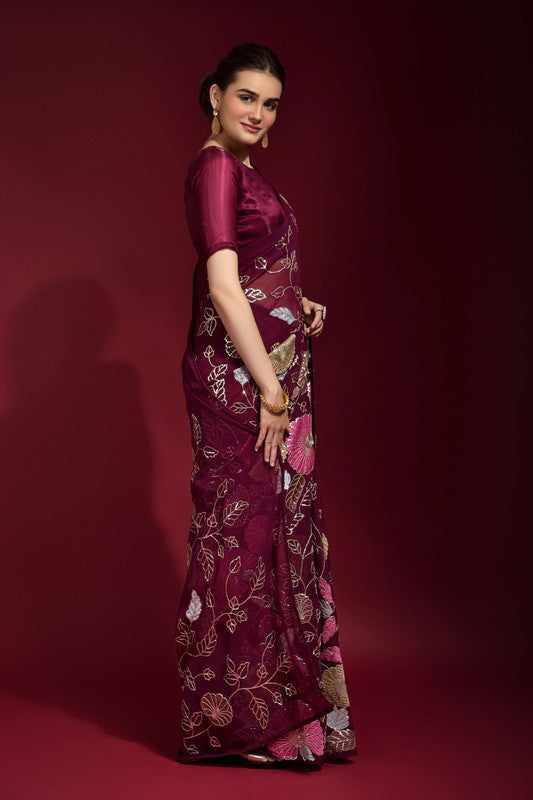 Wine Georgette Saree with Sequence Embroidery and Blouse