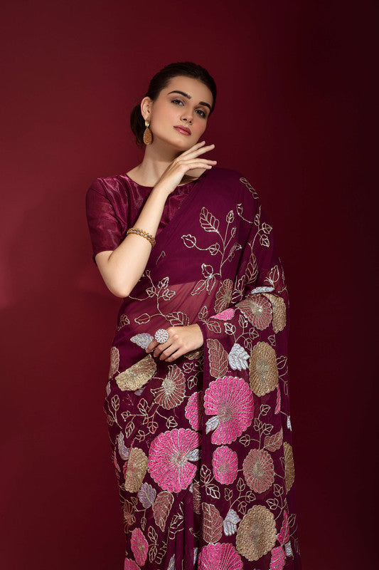 Wine Georgette Saree with Sequence Embroidery and Blouse