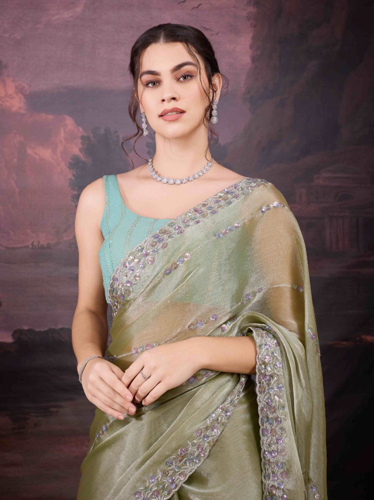 Jyoti Fashion Women's Sea Green Jimmy Choo Sequins Embroidered Designer Saree with Blouse