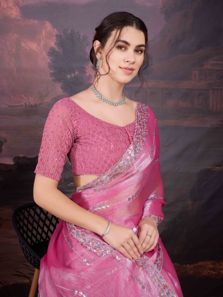 Jyoti Fashion Women's Pink Jimmy Choo Sequins Embroidered Designer Saree with Blouse