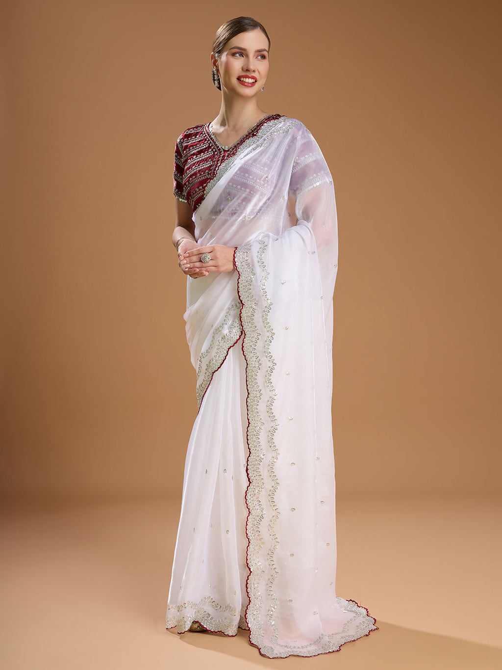Jyoti Fashion Women's White Jimmy Choo Sequins Embroidered Designer Saree with Blouse