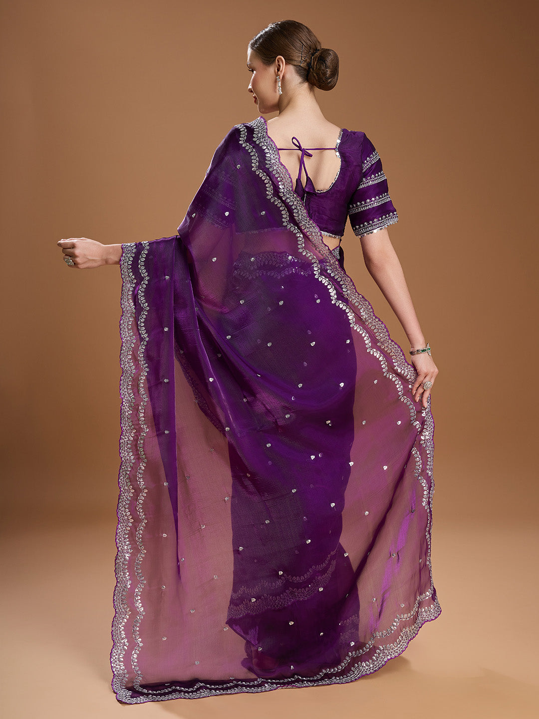 Jyoti Fashion Women's Purple Jimmy Choo Sequins Embroidered Designer Saree with Blouse