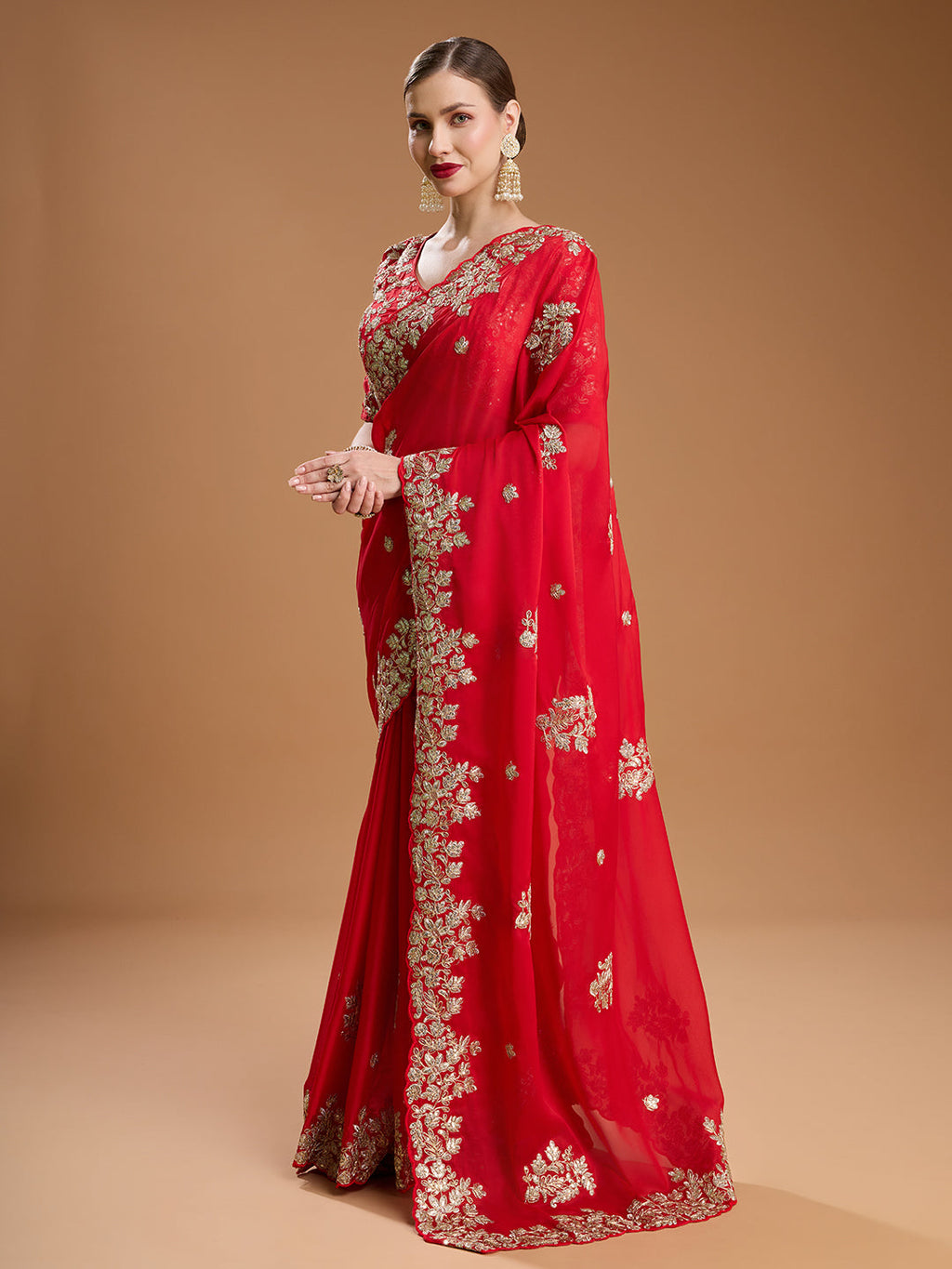 Red Jimmy Choo Designer Saree with Embroidered Coding Work