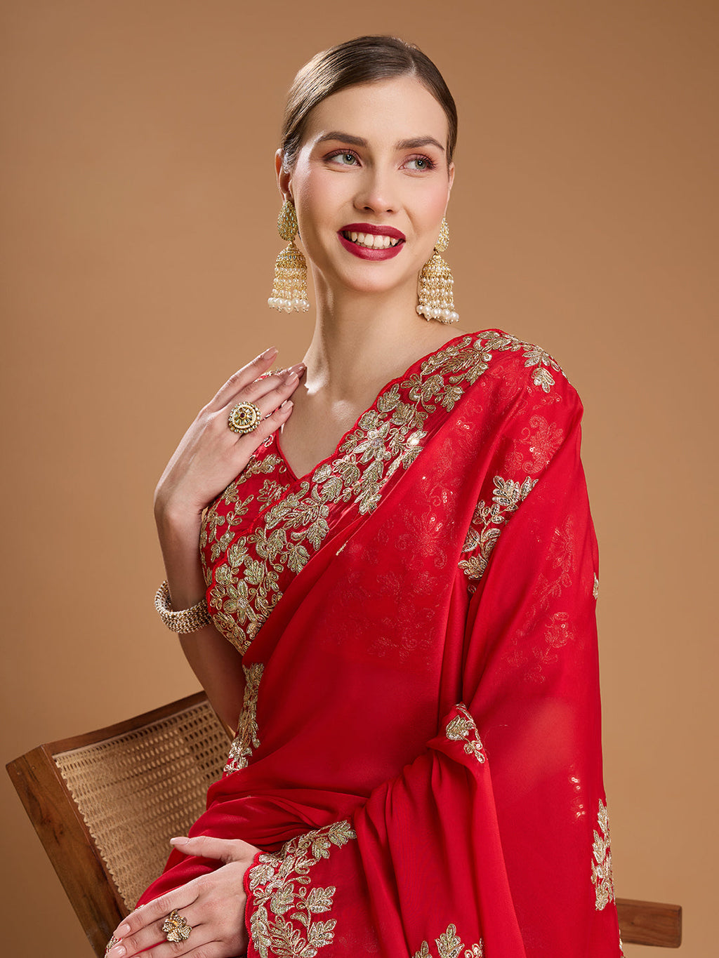 Red Jimmy Choo Designer Saree with Embroidered Coding Work