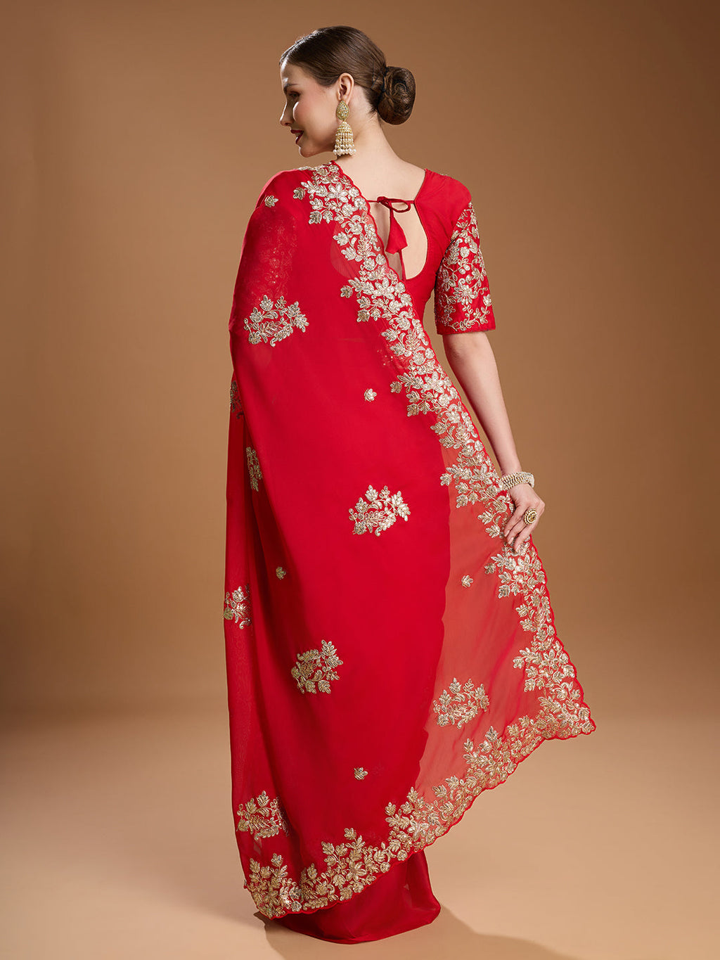 Red Jimmy Choo Designer Saree with Embroidered Coding Work