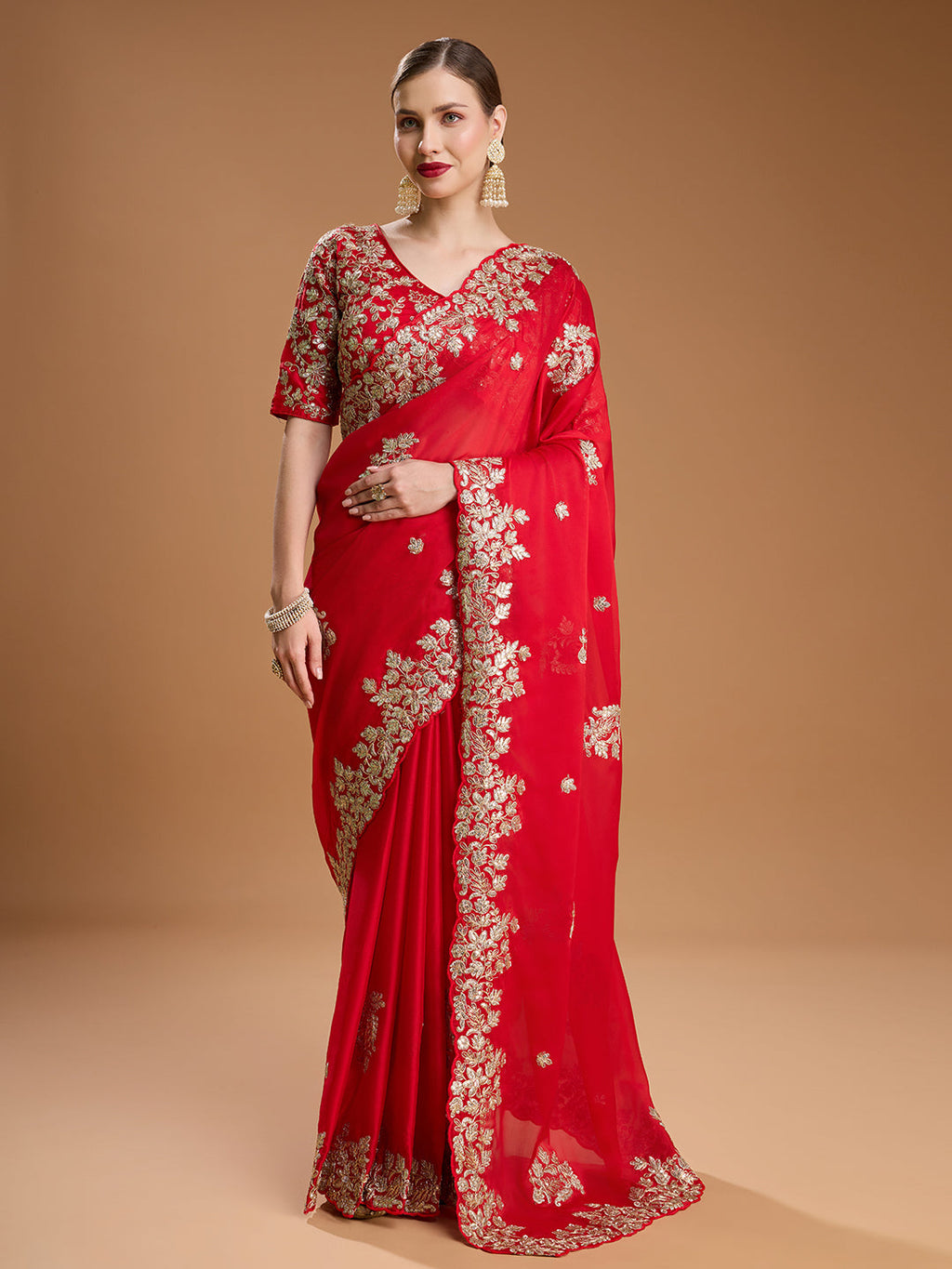Red Jimmy Choo designer saree with intricate embroidery and coding details