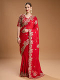 Red Jimmy Choo designer saree with intricate embroidery and coding details