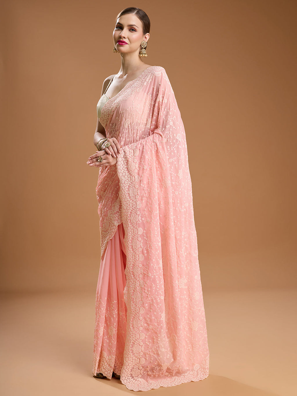 Women's Baby Pink Chiffon Embroidered Saree with Unstitched Blouse
