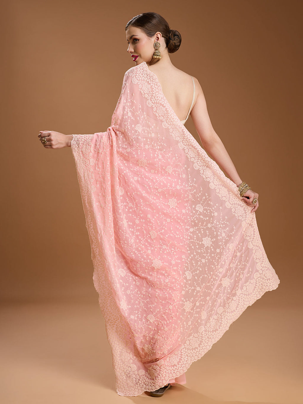 Women's Baby Pink Chiffon Embroidered Saree with Unstitched Blouse